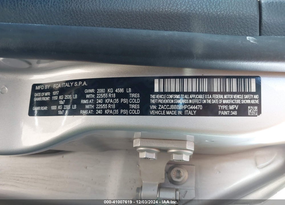 2017 JEEP RENEGADE LATITUDE 4X4 VIN: ZACCJBBB8HPG44470
