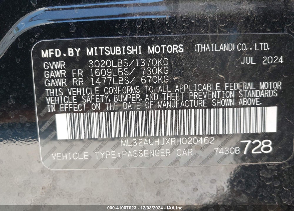 2024 MITSUBISHI MIRAGE ES/LE VIN: ML32AUHJXRH020462