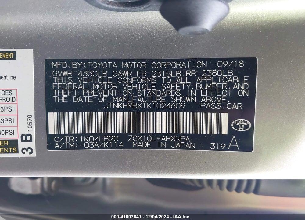 2019 TOYOTA C-HR LIMITED VIN: JTNKHMBX1K1024609