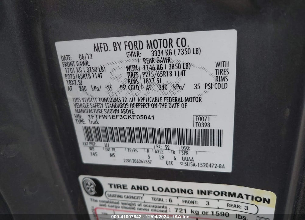 2012 FORD F-150 XLT VIN: 1FTFW1EF3CKE05841