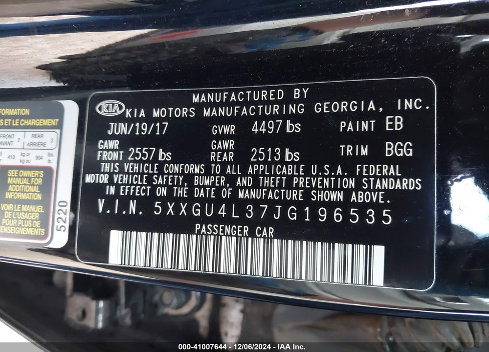 2018 KIA OPTIMA EX VIN: 5XXGU4L37JG196535