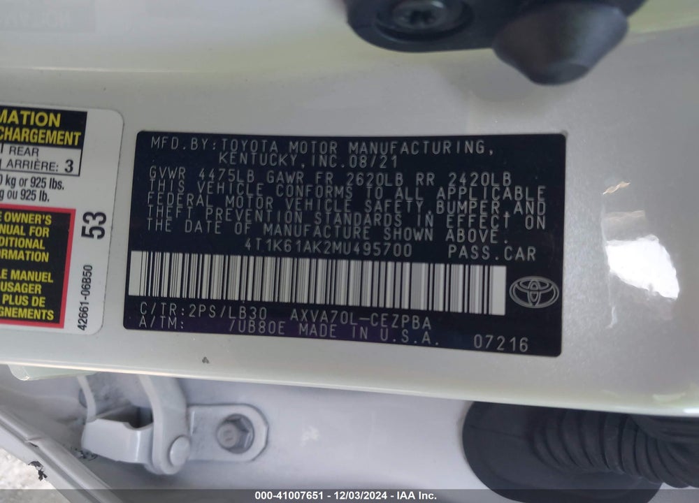 2021 TOYOTA CAMRY XSE VIN: 4T1K61AK2MU495700