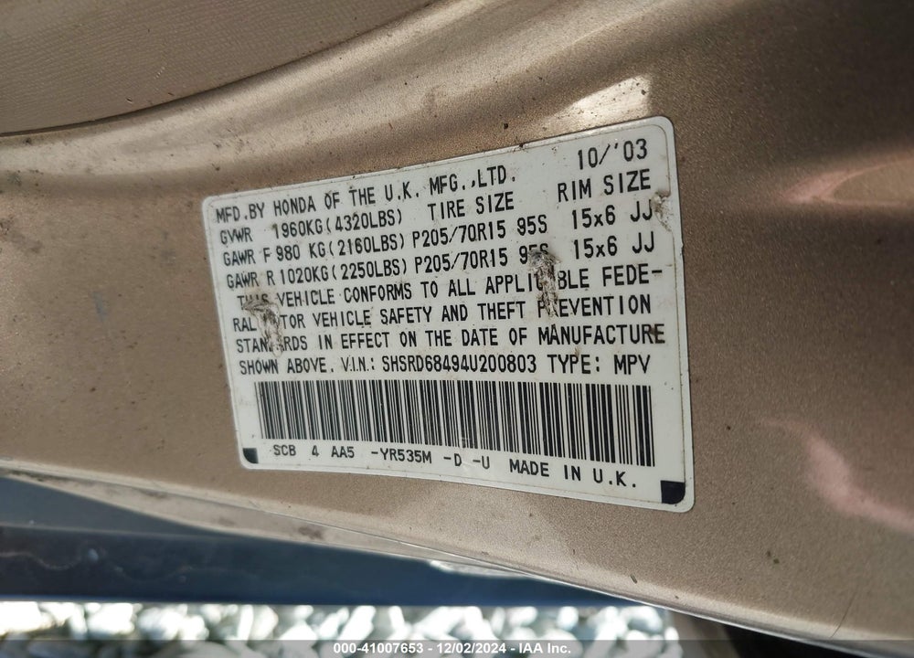 2004 HONDA CR-V LX VIN: SHSRD68494U200803