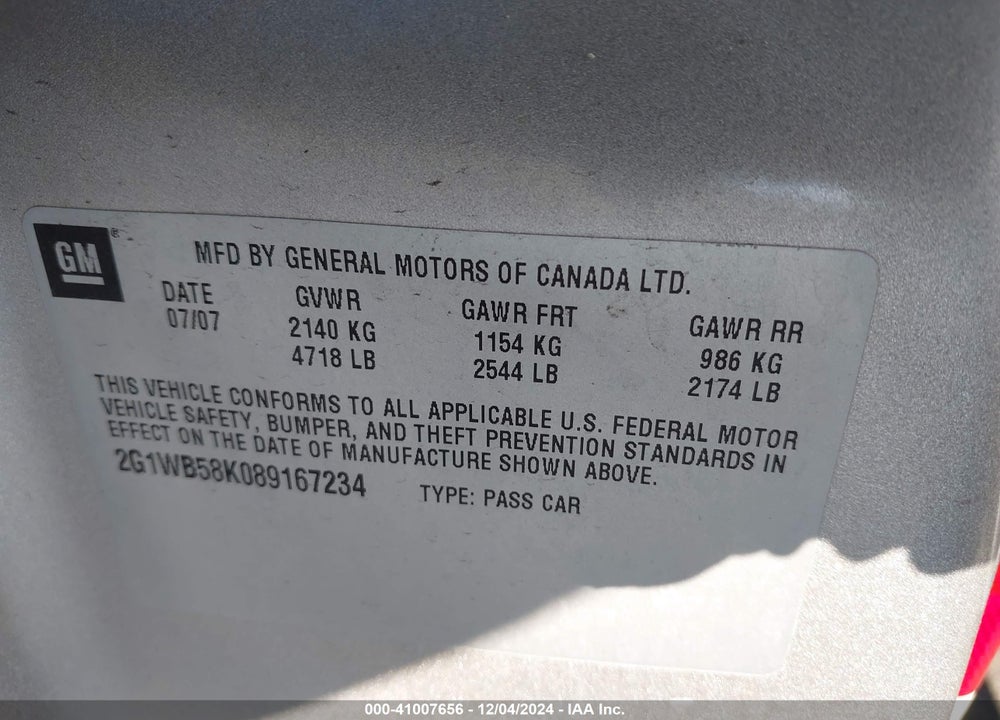 2008 CHEVROLET IMPALA LS VIN: 2G1WB58K089167234