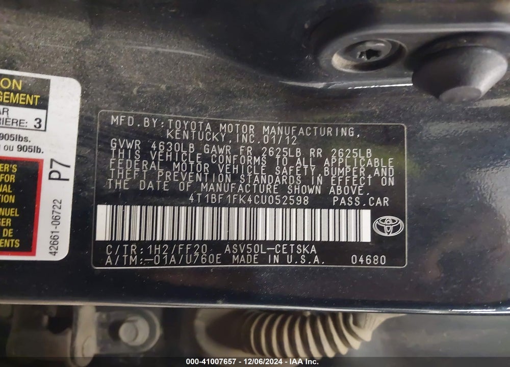 2012 TOYOTA CAMRY SE VIN: 4T1BF1FK4CU052598