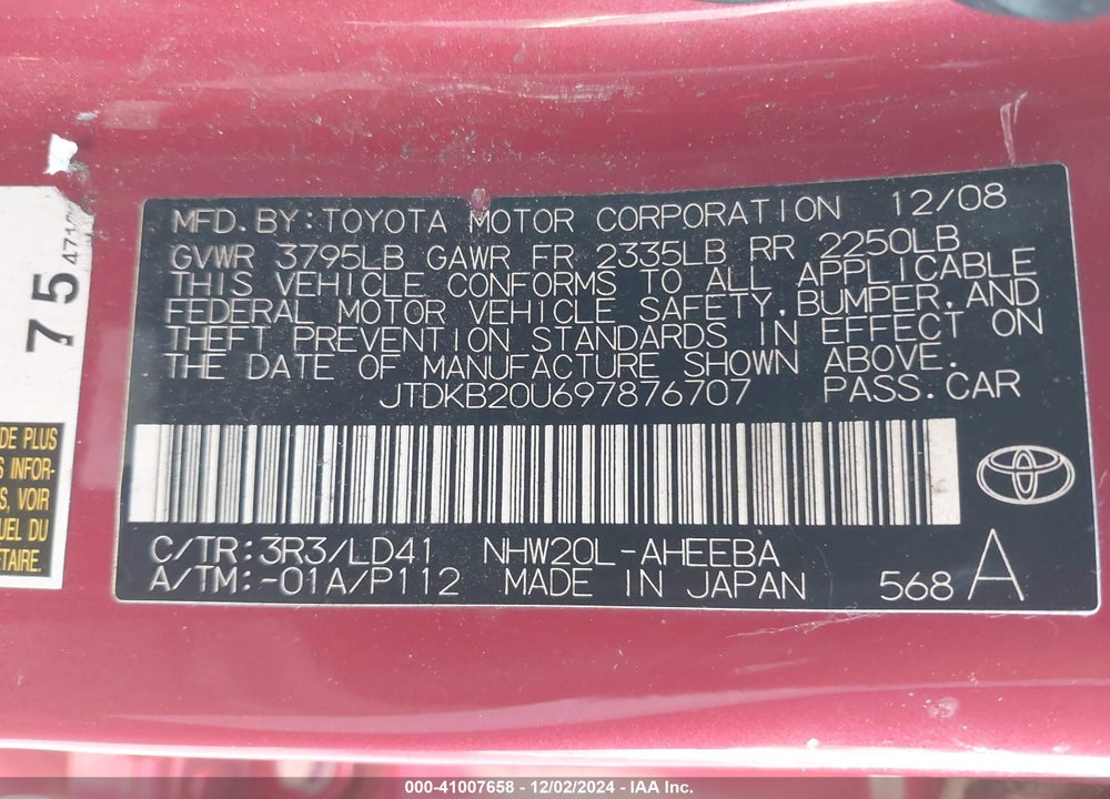 2009 TOYOTA PRIUS VIN: JTDKB20U697876707