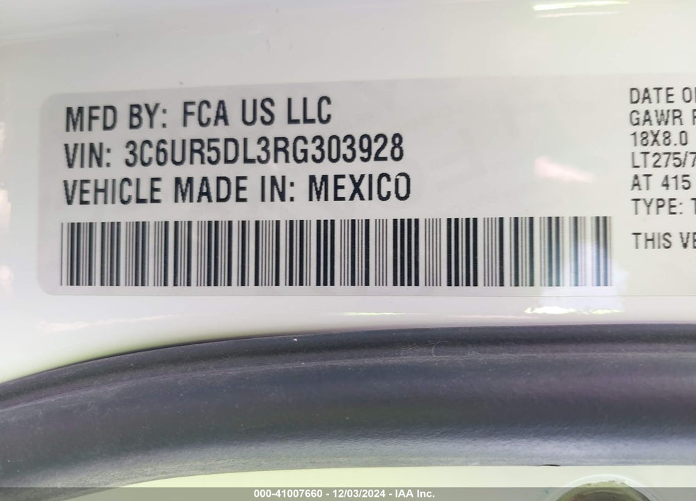 2024 RAM 2500 BIG HORN 4X4 6'4 BOX VIN: 3C6UR5DL3RG303928