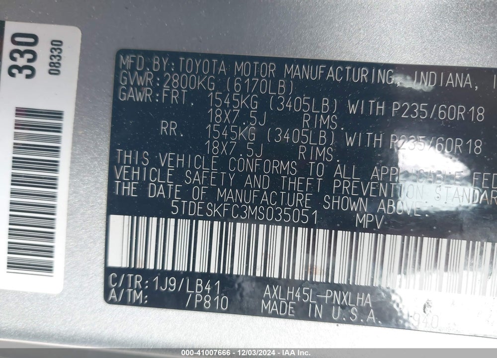 2021 TOYOTA SIENNA PLATINUM VIN: 5TDESKFC3MS035051