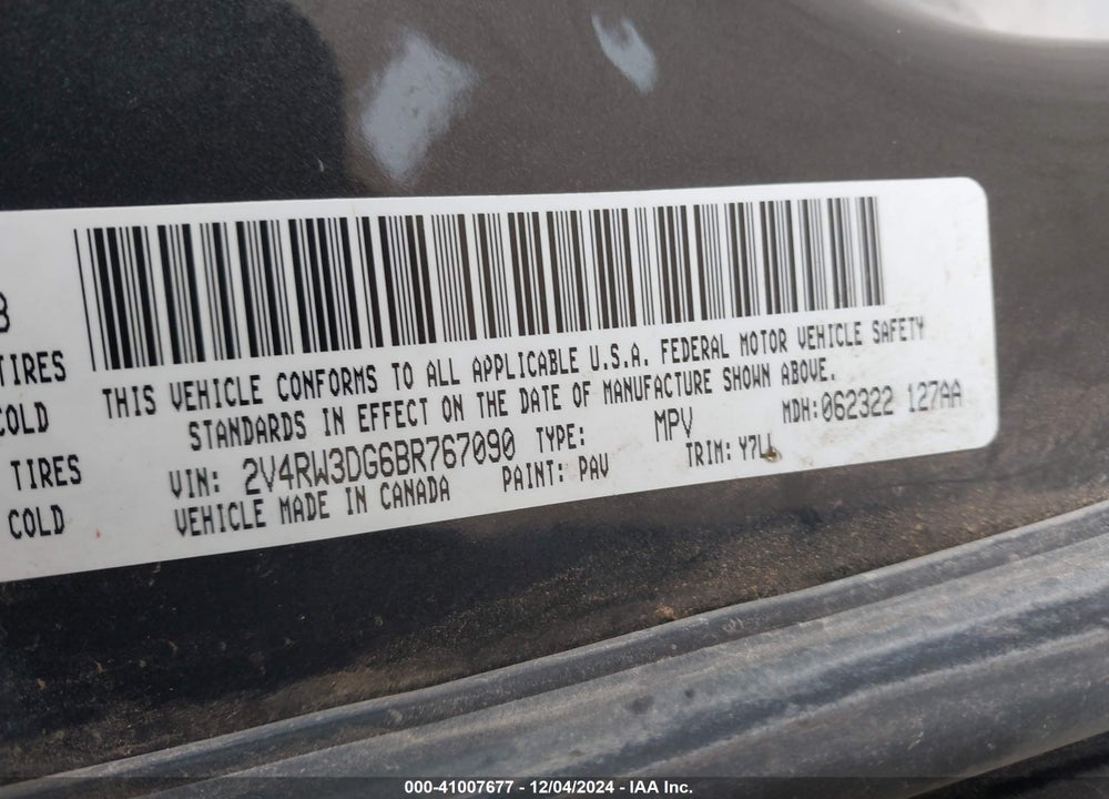 2011 VOLKSWAGEN ROUTAN SE VIN: 2V4RW3DG6BR767090