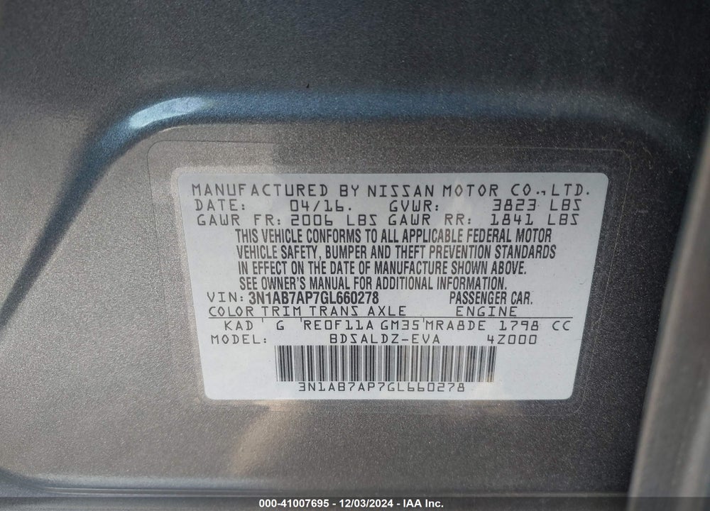 2016 NISSAN SENTRA SV VIN: 3N1AB7AP7GL660278