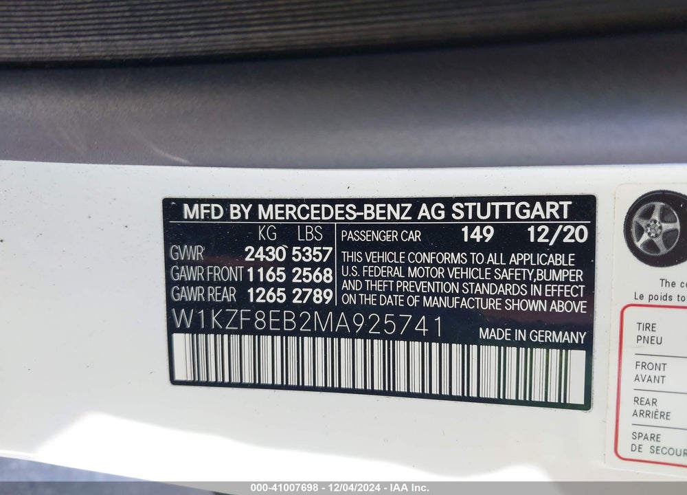 2021 MERCEDES-BENZ E 350 VIN: W1KZF8EB2MA925741