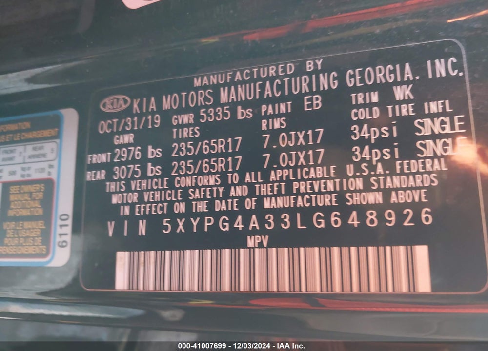 2020 KIA SORENTO 2.4L LX VIN: 5XYPG4A33LG648926