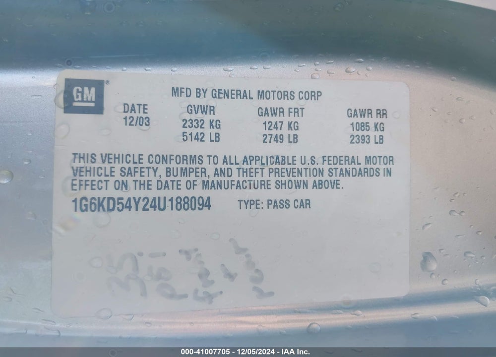 2004 CADILLAC DEVILLE STANDARD VIN: 1G6KD54Y24U188094