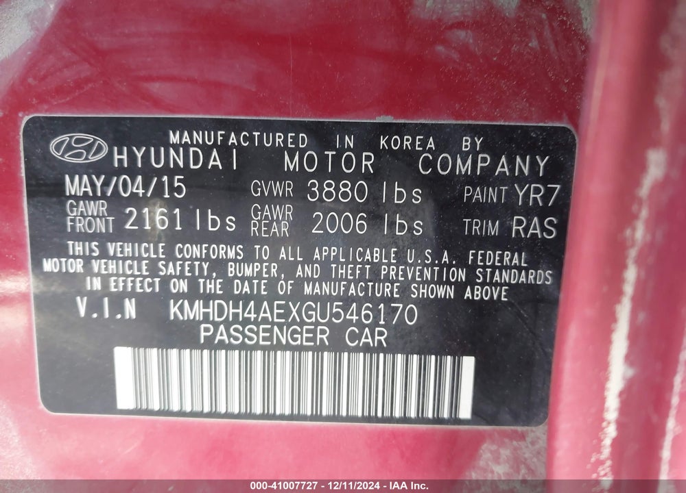 2016 HYUNDAI ELANTRA VIN: KMHDH4AEXGU546170