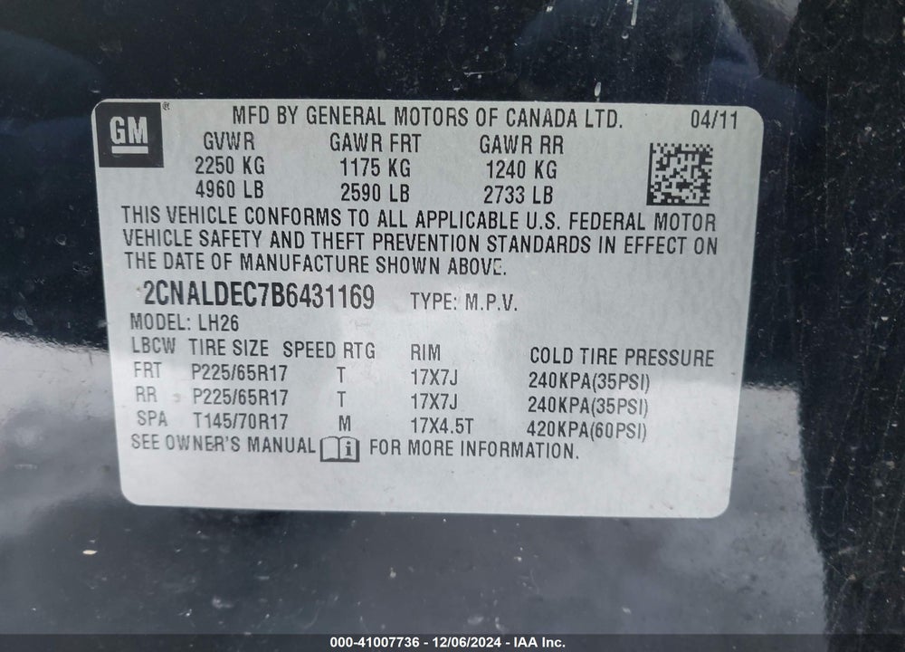 2011 CHEVROLET EQUINOX 1LT VIN: 2CNALDEC7B6431169