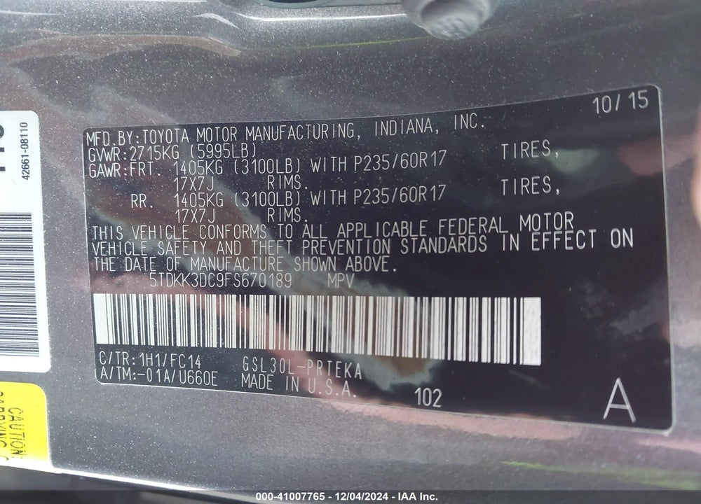 2015 TOYOTA SIENNA LE 8 PASSENGER VIN: 5TDKK3DC9FS670189