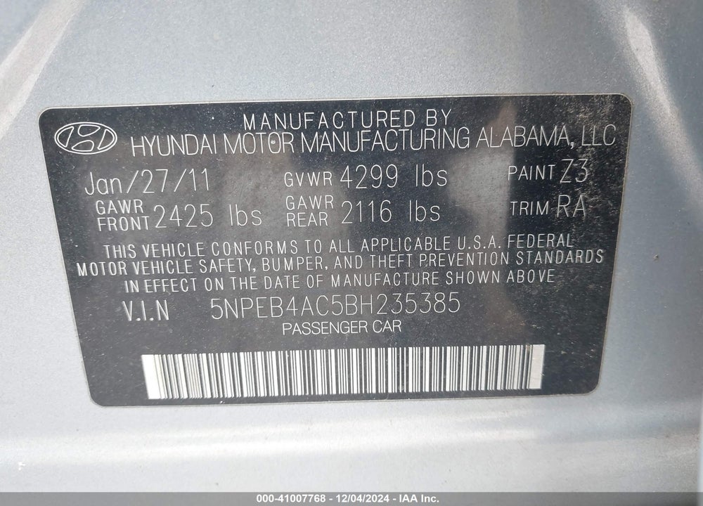 2011 HYUNDAI SONATA VIN: 5NPEB4AC5BH235385