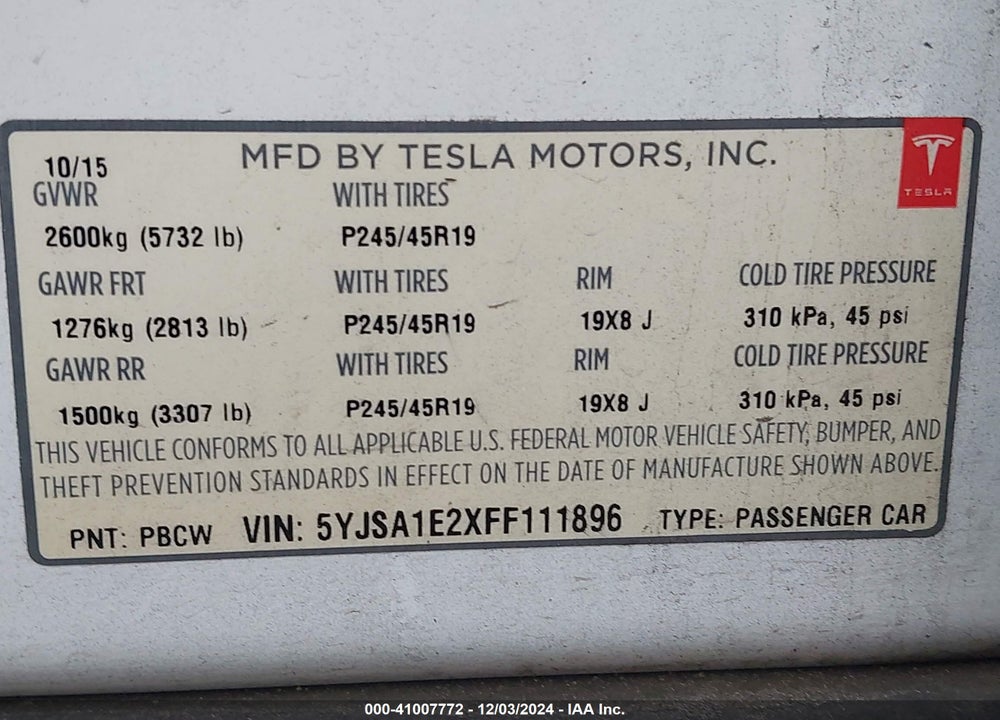 2015 TESLA MODEL S 70D/85D/P85D VIN: 5YJSA1E2XFF111896
