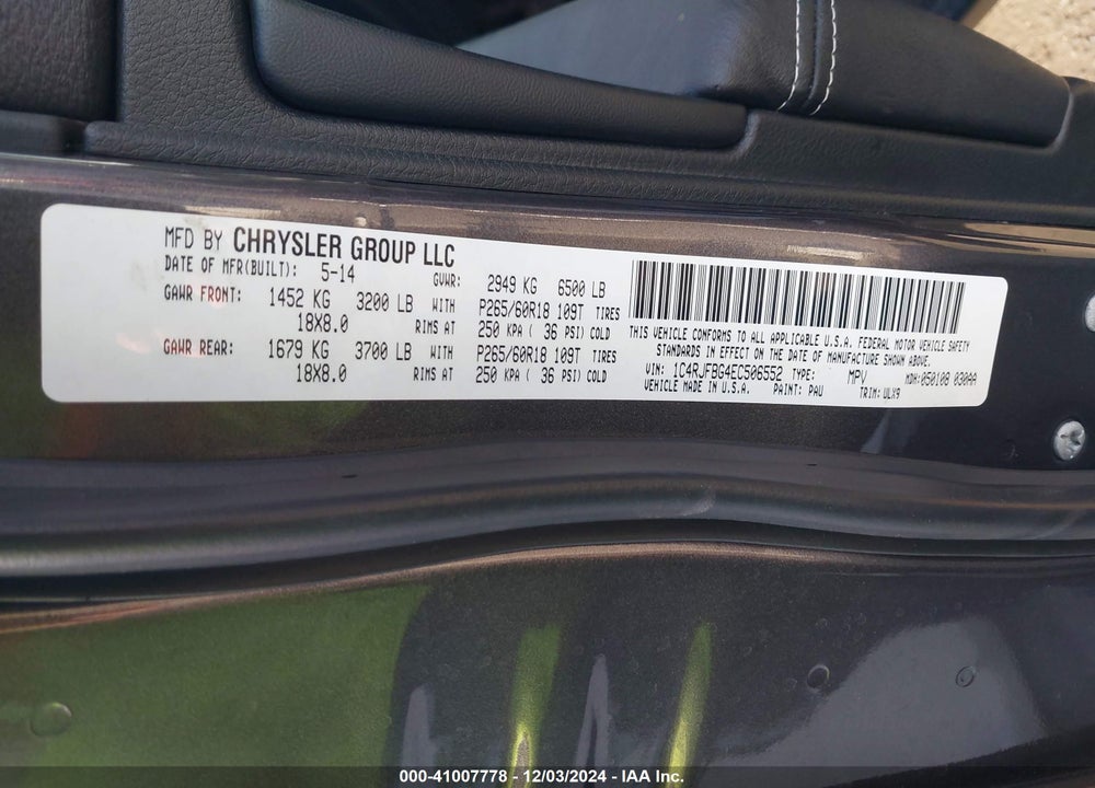 2014 JEEP GRAND CHEROKEE LIMITED VIN: 1C4RJFBG4EC506552