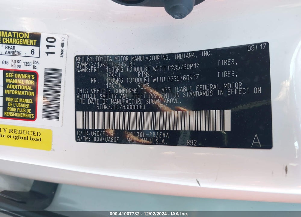 2017 TOYOTA SIENNA LE 8 PASSENGER VIN: 5TDKZ3DC7HS888081