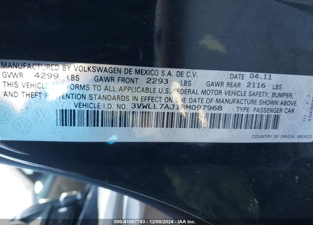 2011 VOLKSWAGEN JETTA 2.0L TDI VIN: 3VWLL7AJ1BM097968
