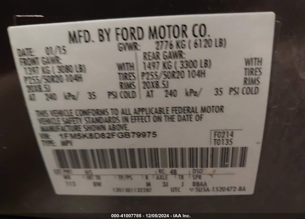 2015 FORD EXPLORER XLT VIN: 1FM5K8D82FGB79975