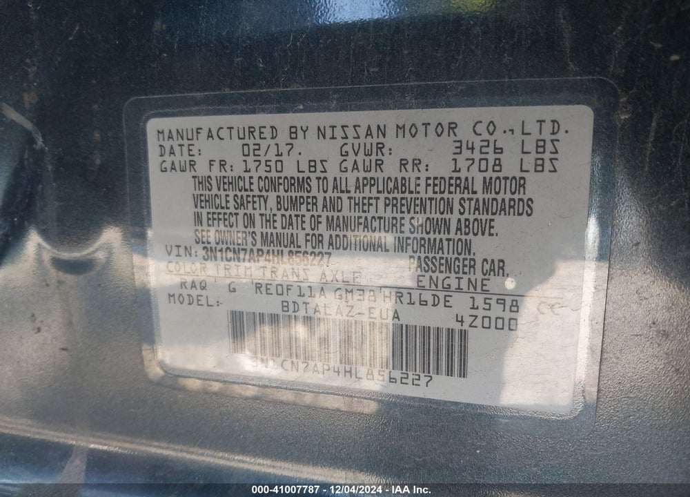 2017 NISSAN VERSA 1.6 S+ VIN: 3N1CN7AP4HL856227