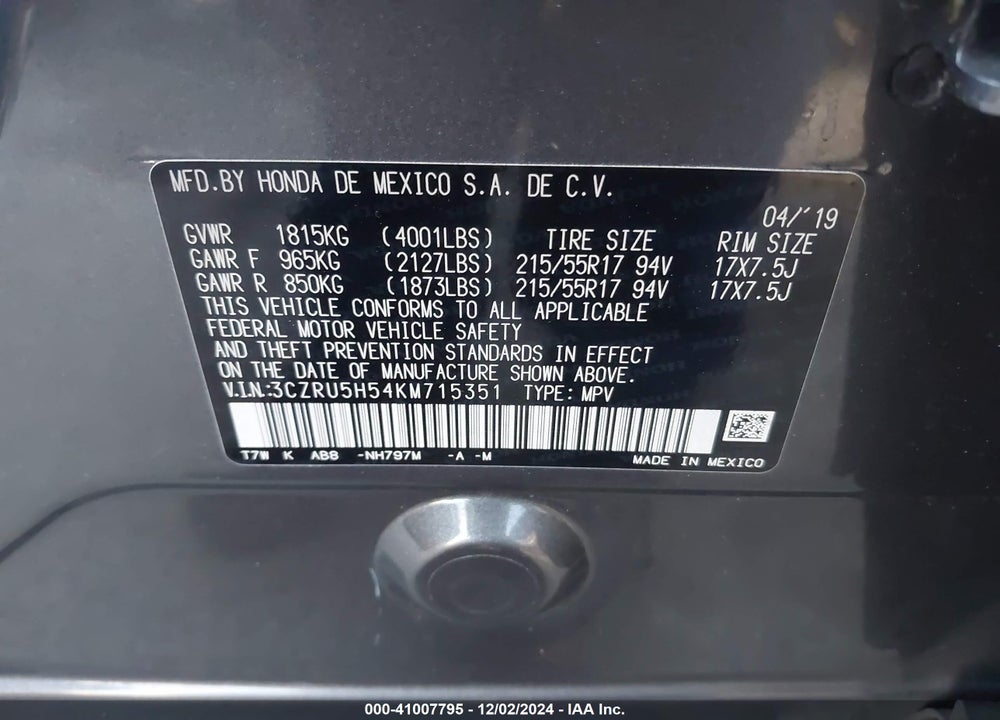 2019 HONDA HR-V EX VIN: 3CZRU5H54KM715351