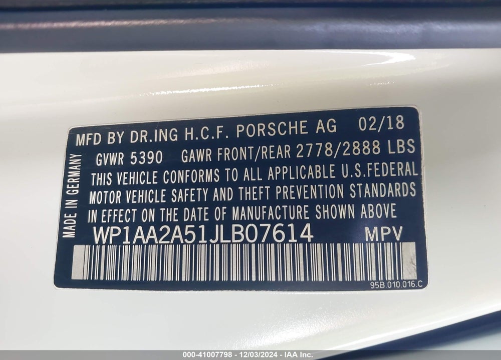 2018 PORSCHE MACAN VIN: WP1AA2A51JLB07614