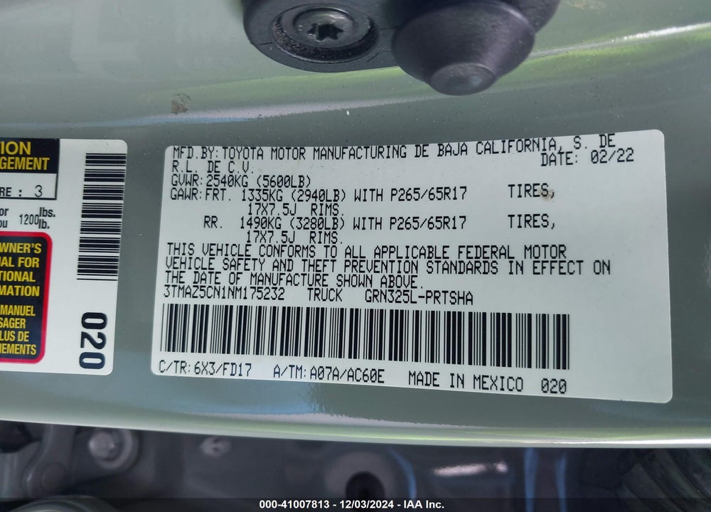 2022 TOYOTA TACOMA TRD SPORT VIN: 3TMAZ5CN1NM175232