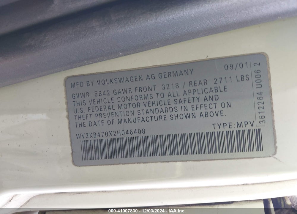 2002 VOLKSWAGEN EUROVAN GLS VIN: WV2KB470X2H046408