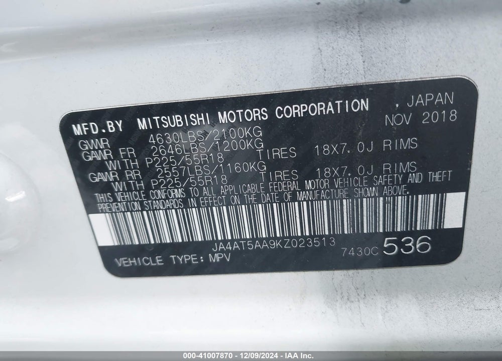 2019 MITSUBISHI ECLIPSE CROSS SE VIN: JA4AT5AA9KZ023513