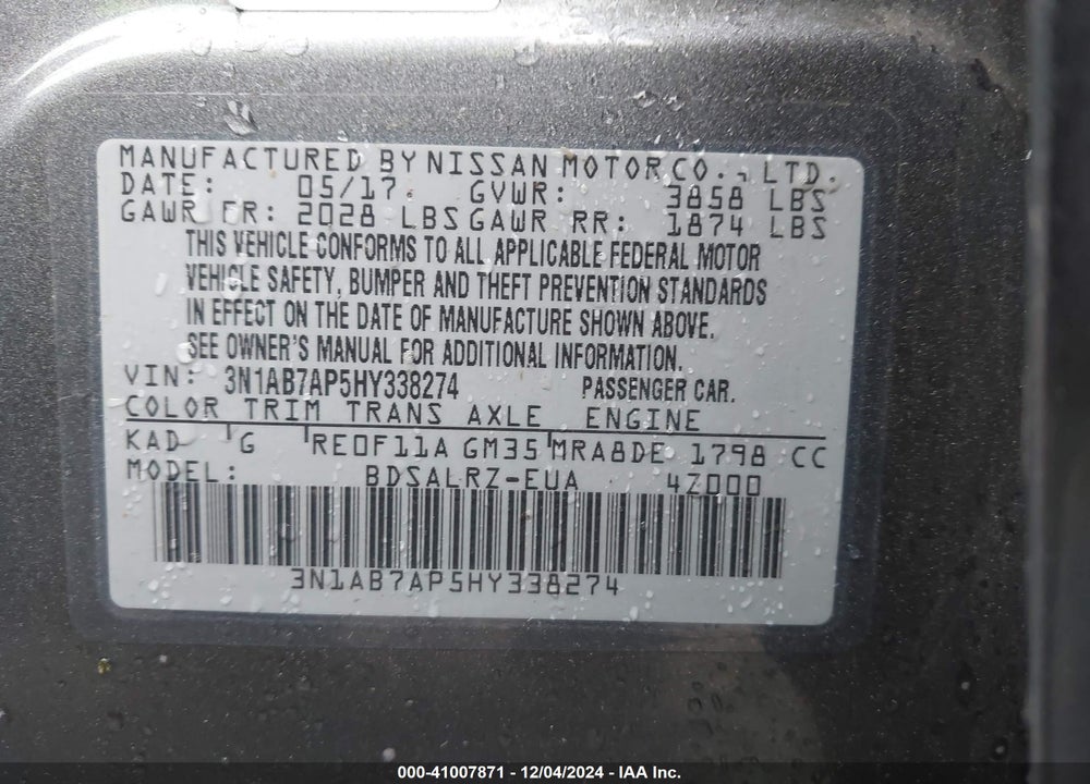 2017 NISSAN SENTRA SR VIN: 3N1AB7AP5HY338274