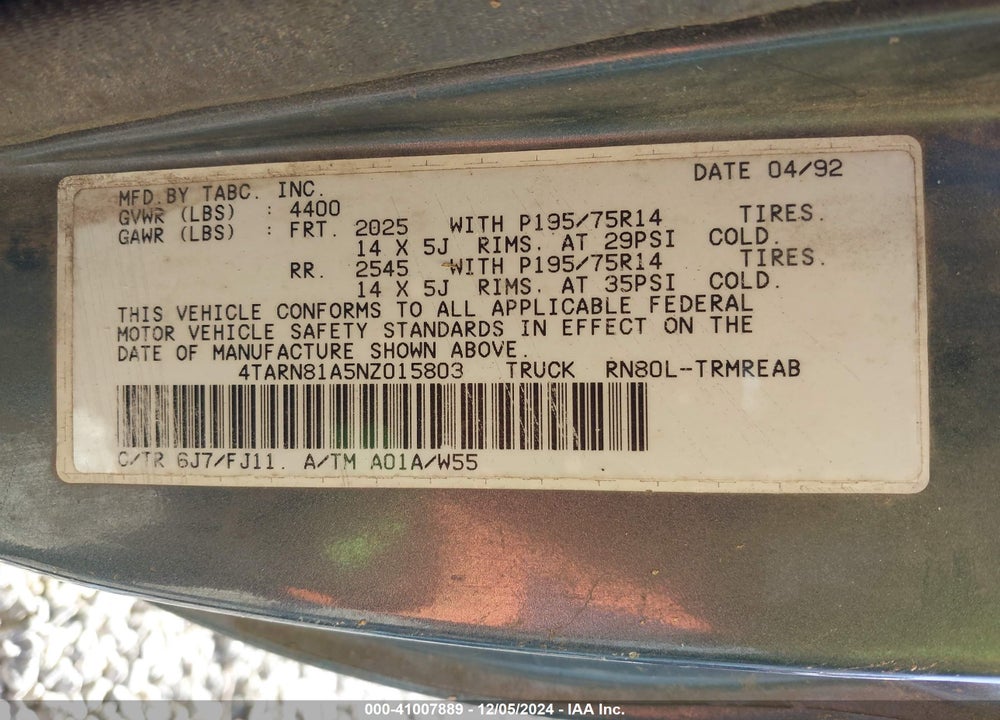 1992 TOYOTA PICKUP 1/2 TON SHORT WHLBASE STB VIN: 4TARN81A5NZ015803