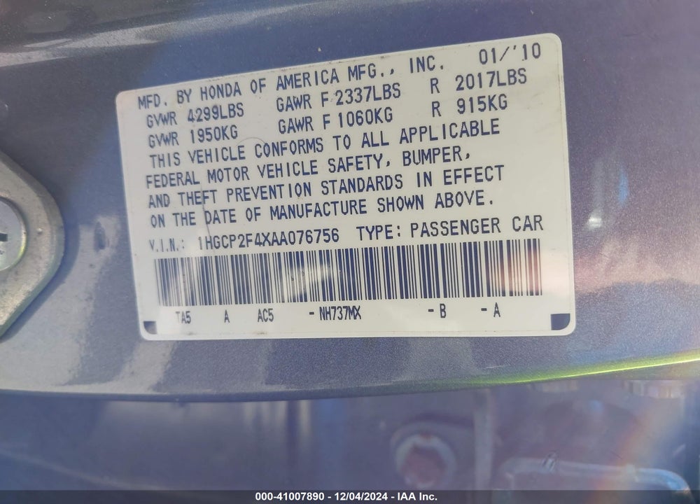 2010 HONDA ACCORD VIN: 1HGCP2F4XAA076756