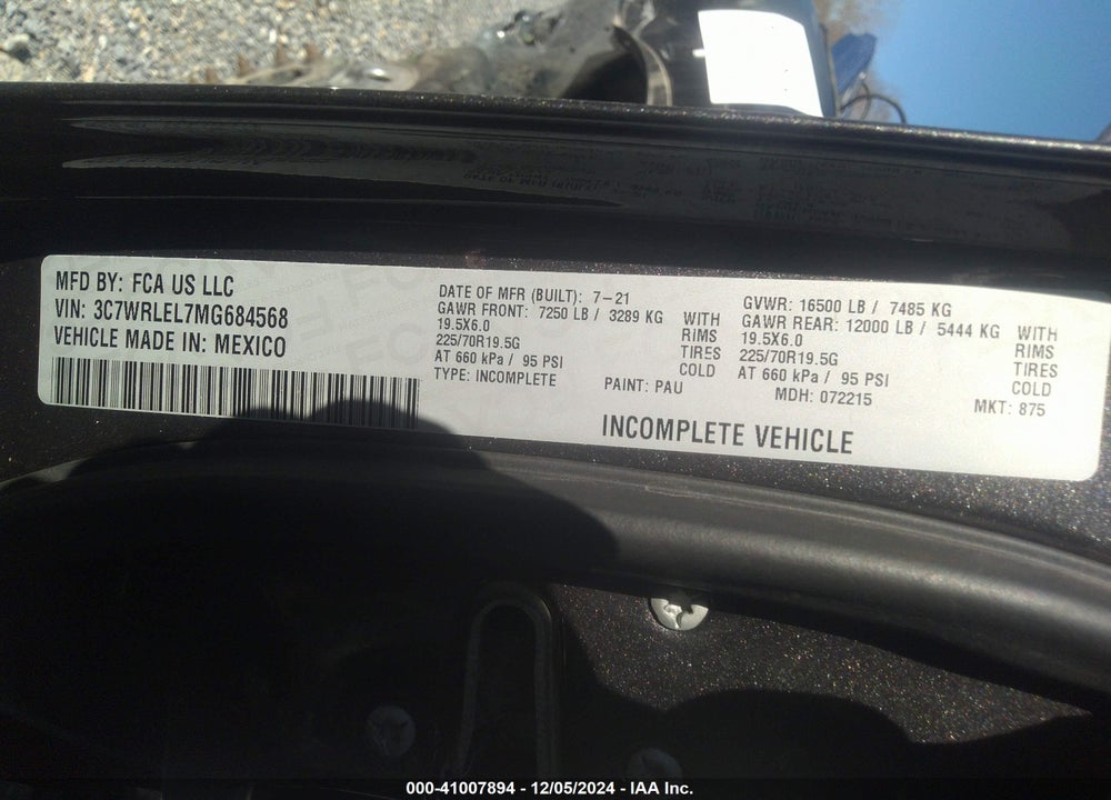 2021 RAM 4500 CHASSIS TRADESMAN/SLT/LAIE/LIMITED VIN: 3C7WRLEL7MG684568