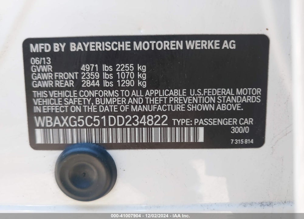 2013 BMW 528I VIN: WBAXG5C51DD234822