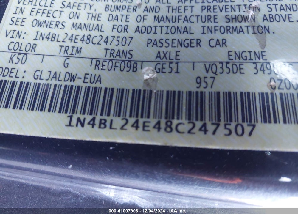 2008 NISSAN ALTIMA 3.5 SE VIN: 1N4BL24E48C247507