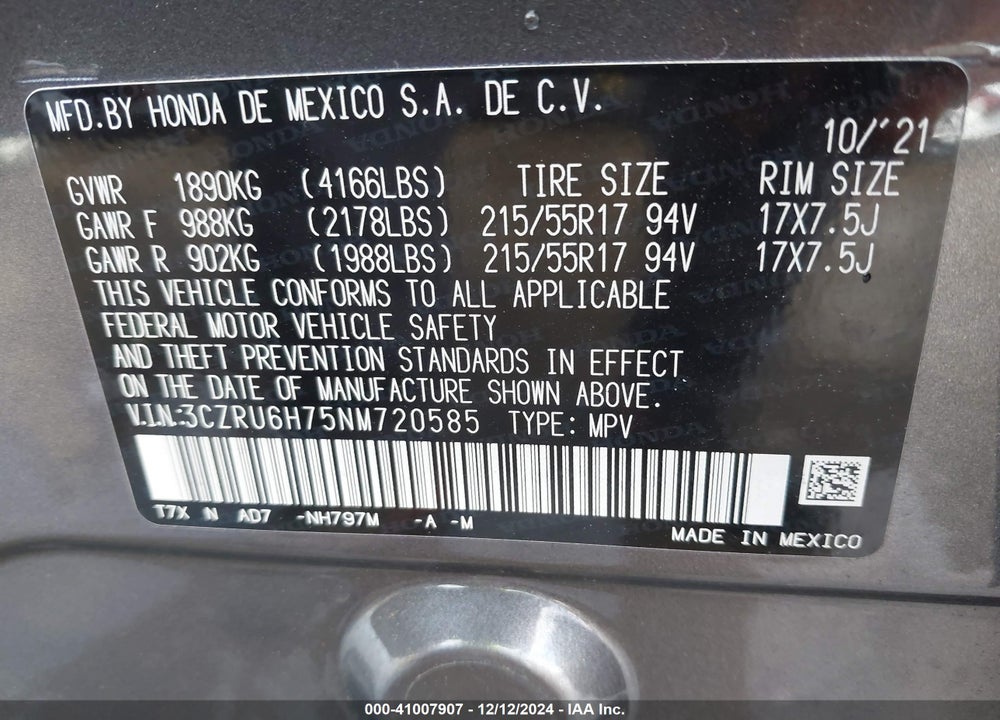 2022 HONDA HR-V VIN: 3CZRU6H75NM720585