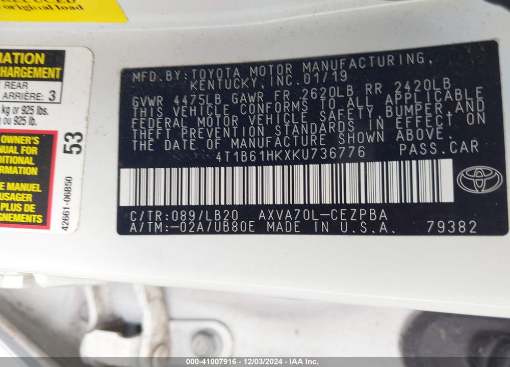2019 TOYOTA CAMRY XSE VIN: 4T1B61HKXKU736776