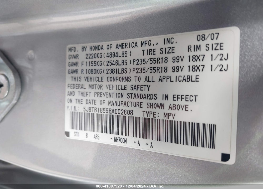 2008 ACURA RDX VIN: 5J8TB18598A002608