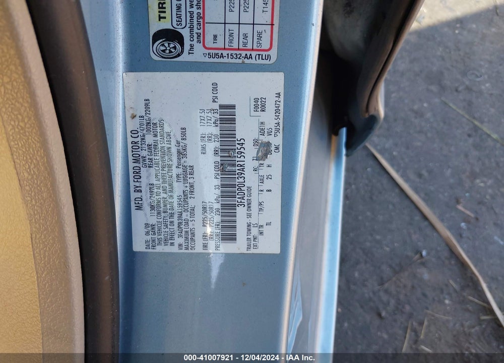 2010 FORD FUSION HYBRID VIN: 3FADP0L39AR159545