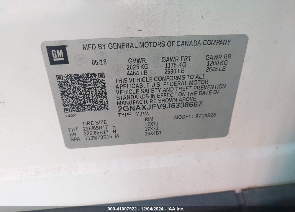 2018 CHEVROLET EQUINOX LT VIN: 2GNAXJEV9J6338667