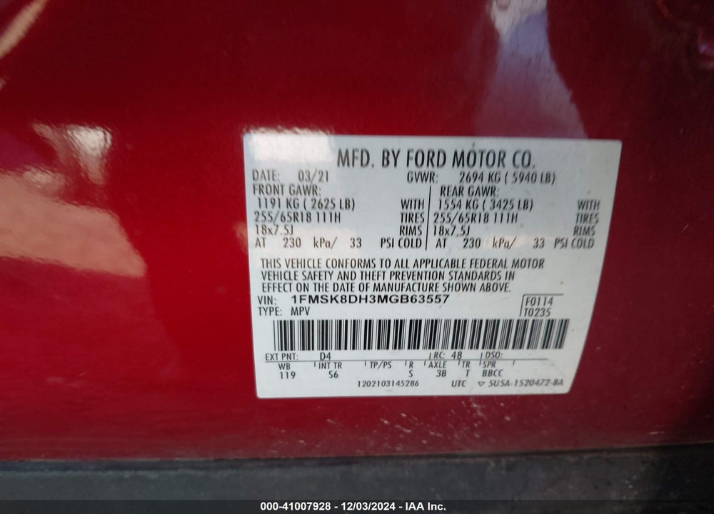 2021 FORD EXPLORER XLT VIN: 1FMSK8DH3MGB63557