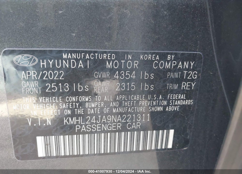 2022 HYUNDAI SONATA VIN: KMHL24JA9NA221311