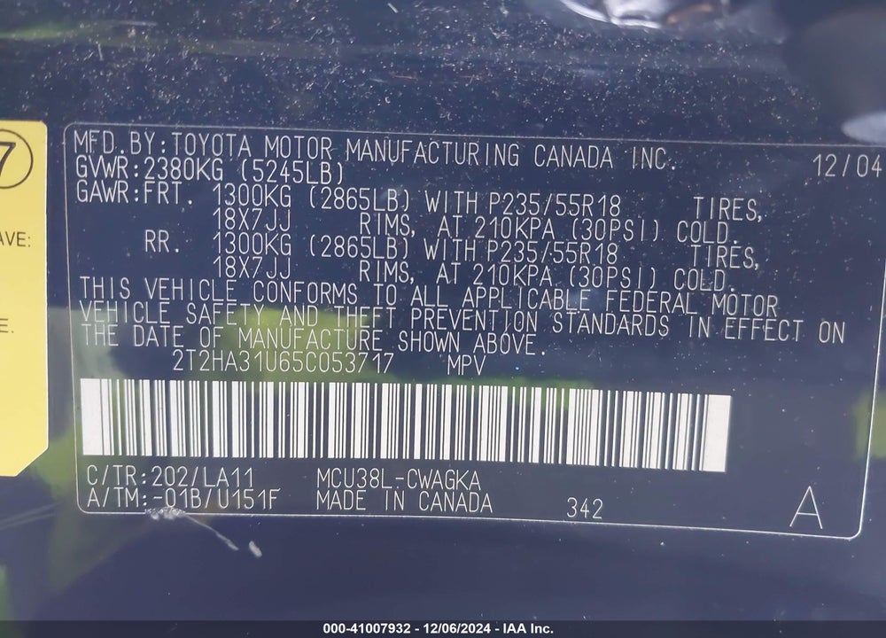 2005 LEXUS RX 330 BASE (A5) VIN: 2T2HA31U65C053717