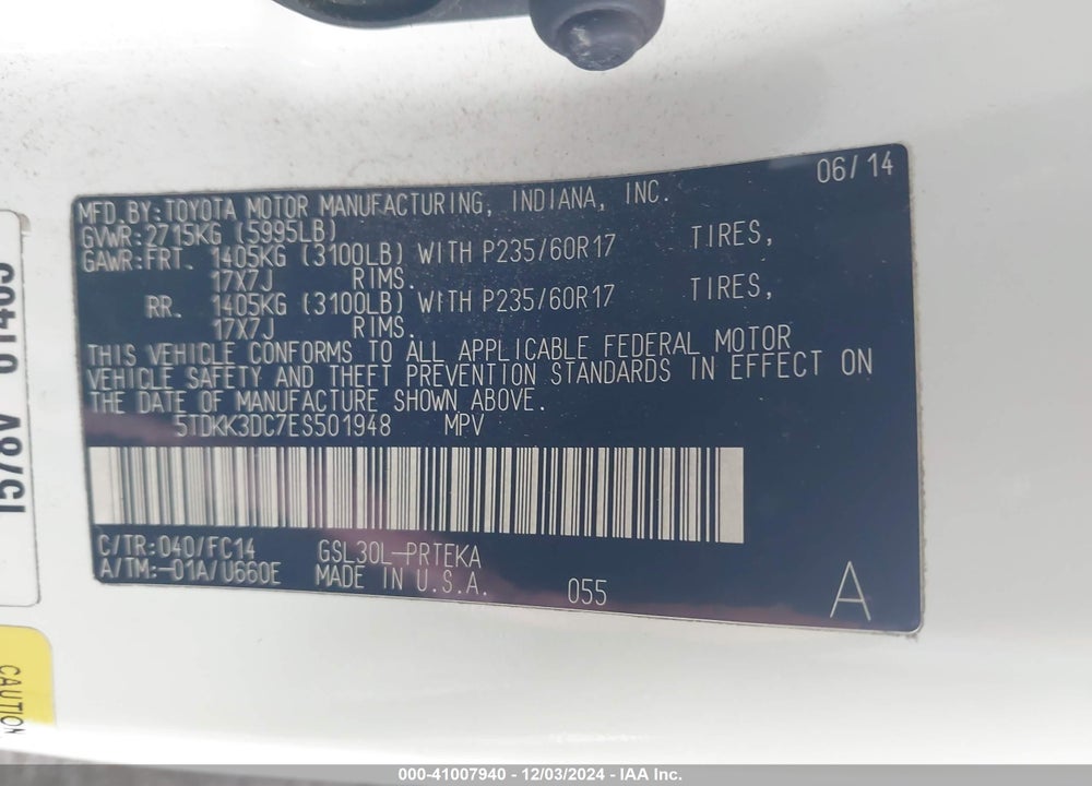 2014 TOYOTA SIENNA LE V6 8 PASSENGER VIN: 5TDKK3DC7ES501948