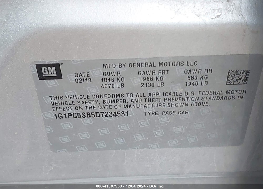 2013 CHEVROLET CRUZE 1LT AUTO VIN: 1G1PC5SB5D7234531
