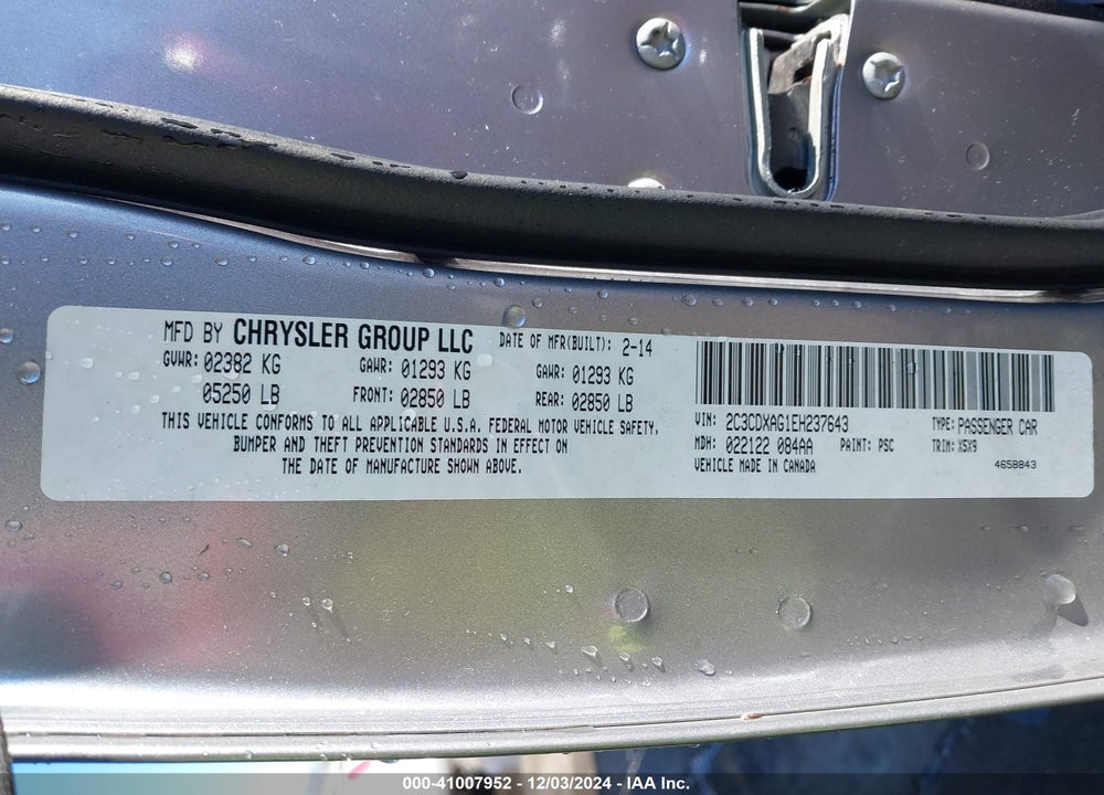 2014 DODGE CHARGER POLICE VIN: 2C3CDXAG1EH237643