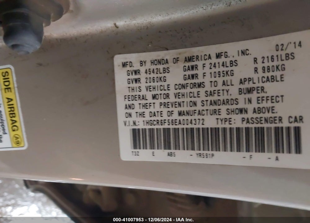 2014 HONDA ACCORD HYBRID VIN: 1HGCR6F56EA004372